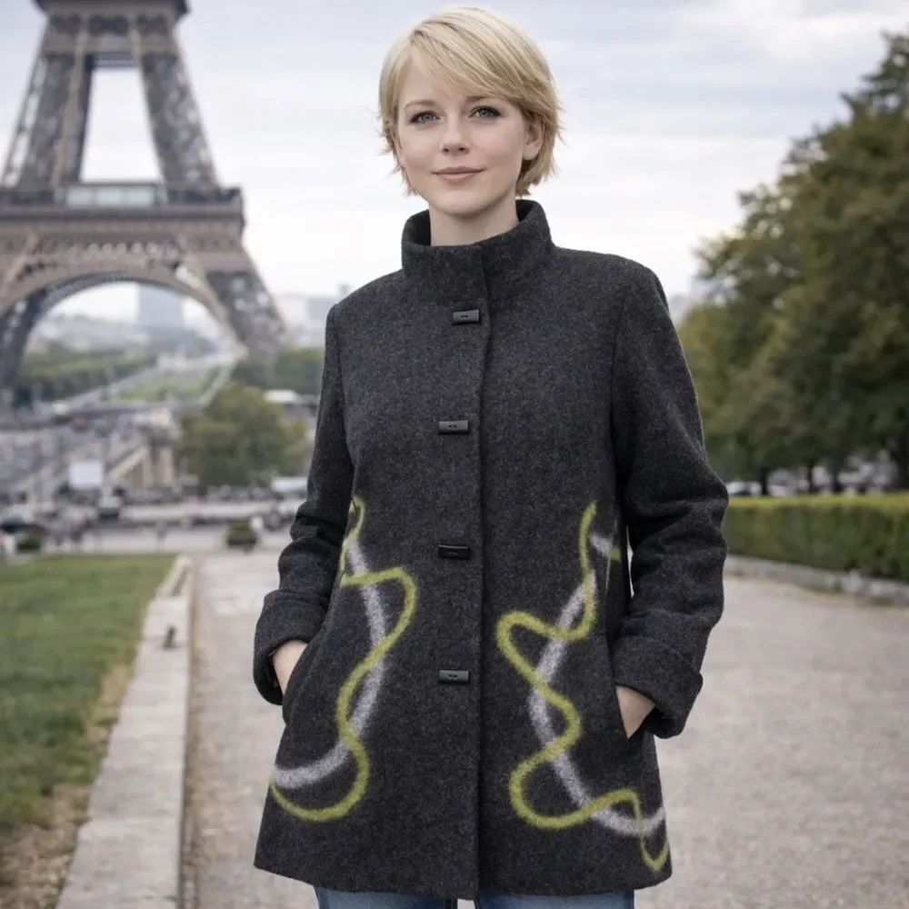 Aino Finland Dark Grey & Lime Green Wool Car Length Coat